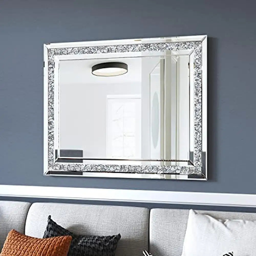 32x24 Crushed Diamond Beveled Wall Mirror  Silver