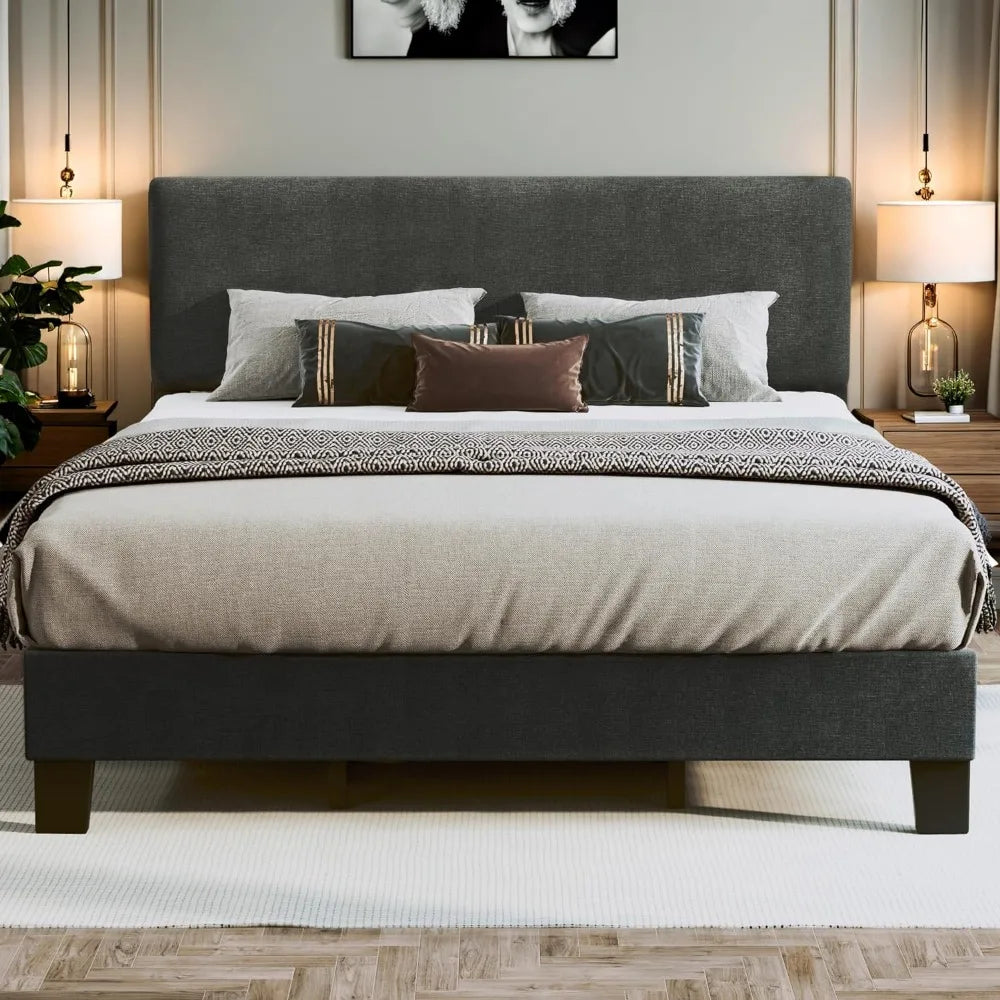 King Bed Frame with Adjustable Headboard Upholstered