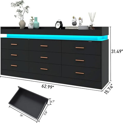 Modern Dresser 9 Drawer with LED Light and,Wide Drawer