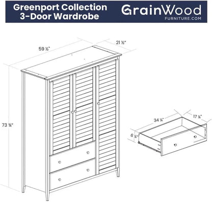 Greenport 3-Door Wardrobe, Brushed White