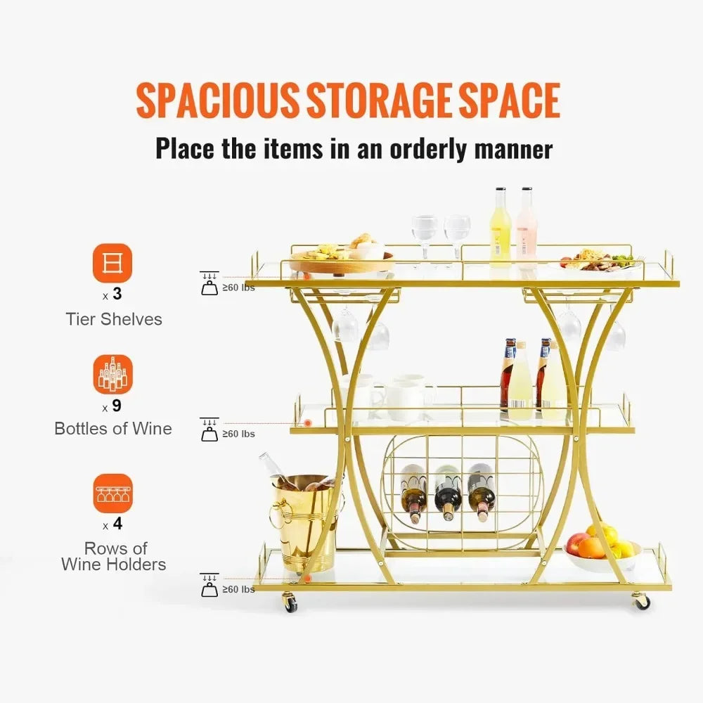 Bar Cart Gold, 3 Tiers Home Bar Serving Cart on Lockable Wheels,  with Tempered Glass Shelves Guardrail