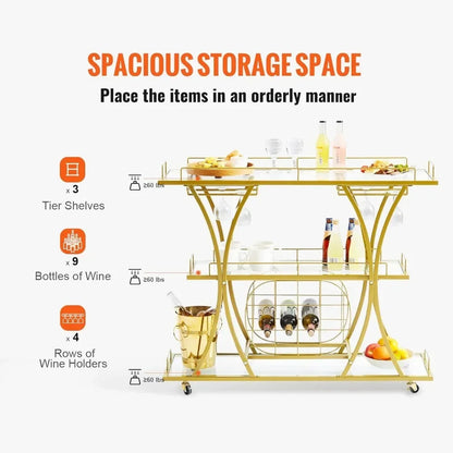 Bar Cart Gold, 3 Tiers Home Bar Serving Cart on Lockable Wheels,  with Tempered Glass Shelves Guardrail