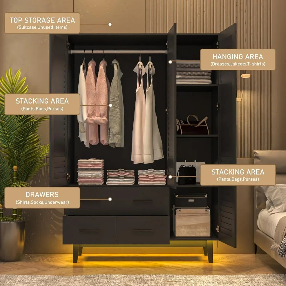 3 Door Armoire Wardrobe Closet Cabinet with Drawers and LED Lights,