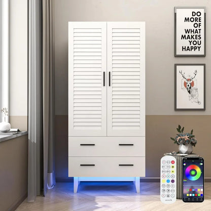 3 Door Armoire Wardrobe Closet Cabinet with Drawers and LED Lights,