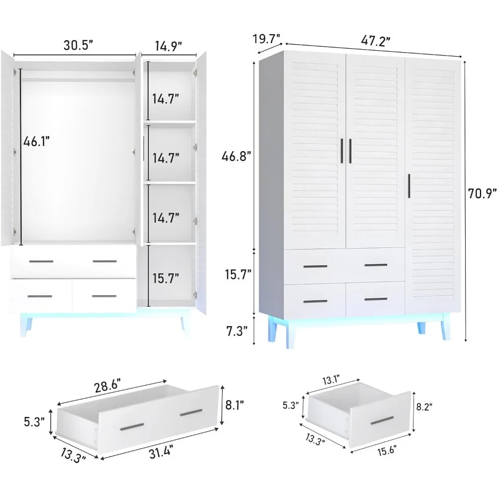 3 Door Armoire Wardrobe Closet Cabinet with Drawers and LED Lights,