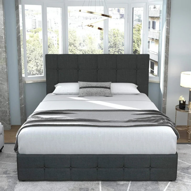 Upholstered Queen Size Platform Bed Frame With 4 Storage