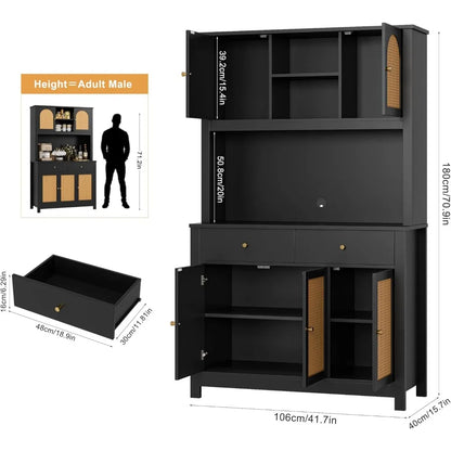 Kitchen Pantry Cabinet, 71" Tall Kitchen Cabinet Hutch Cabinet with Rattan