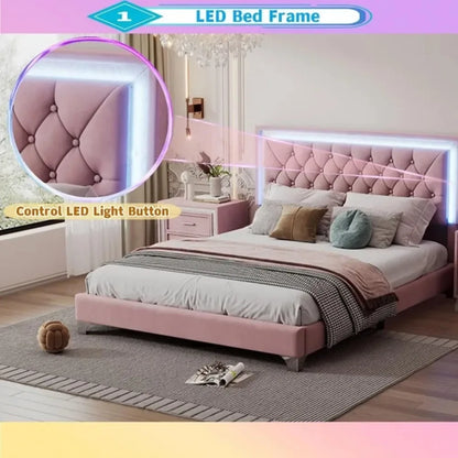 3-Pieces Bedroom Sets Queen Size Upholstered  with LED Lights and Two Nightstands