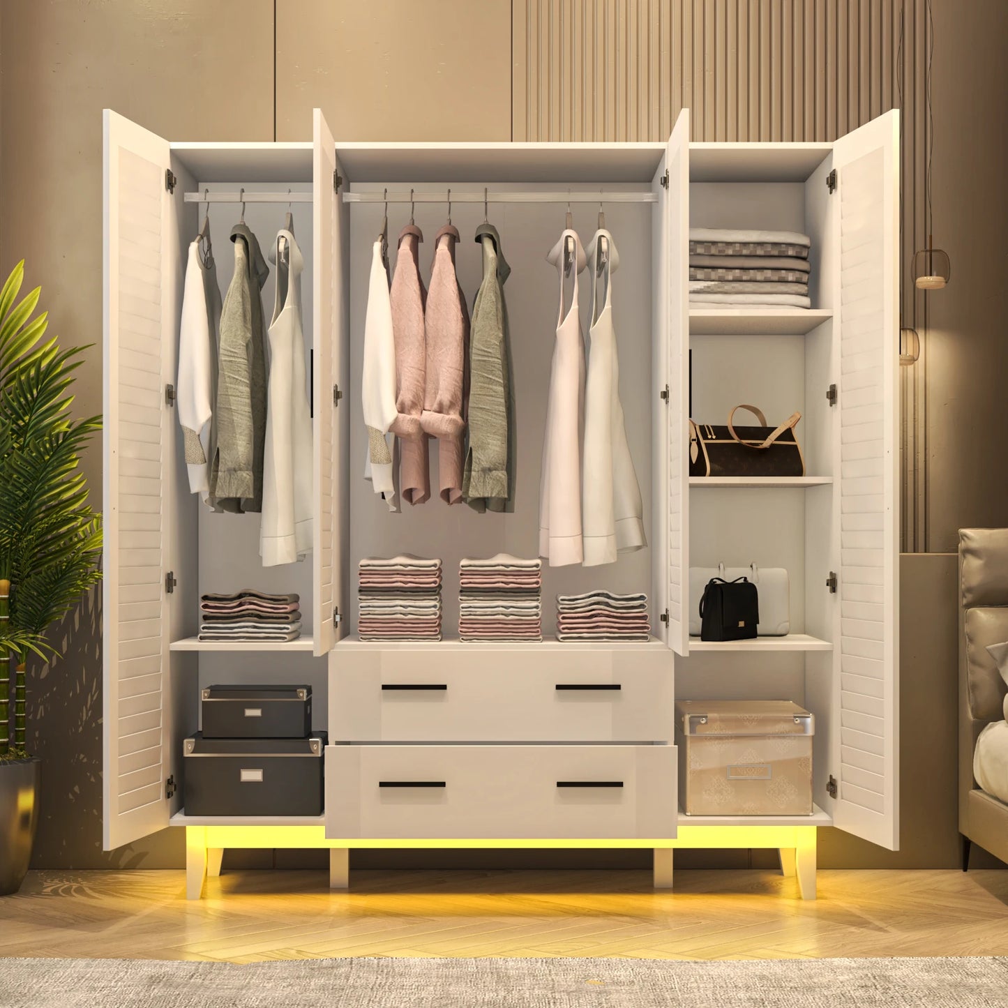 Large Capacity Wardrobe Armoire for Bedroom, 4 Door LED Wardrobe Closet with Drawers, Multi-Tier Shelves & Hanging Rod, White