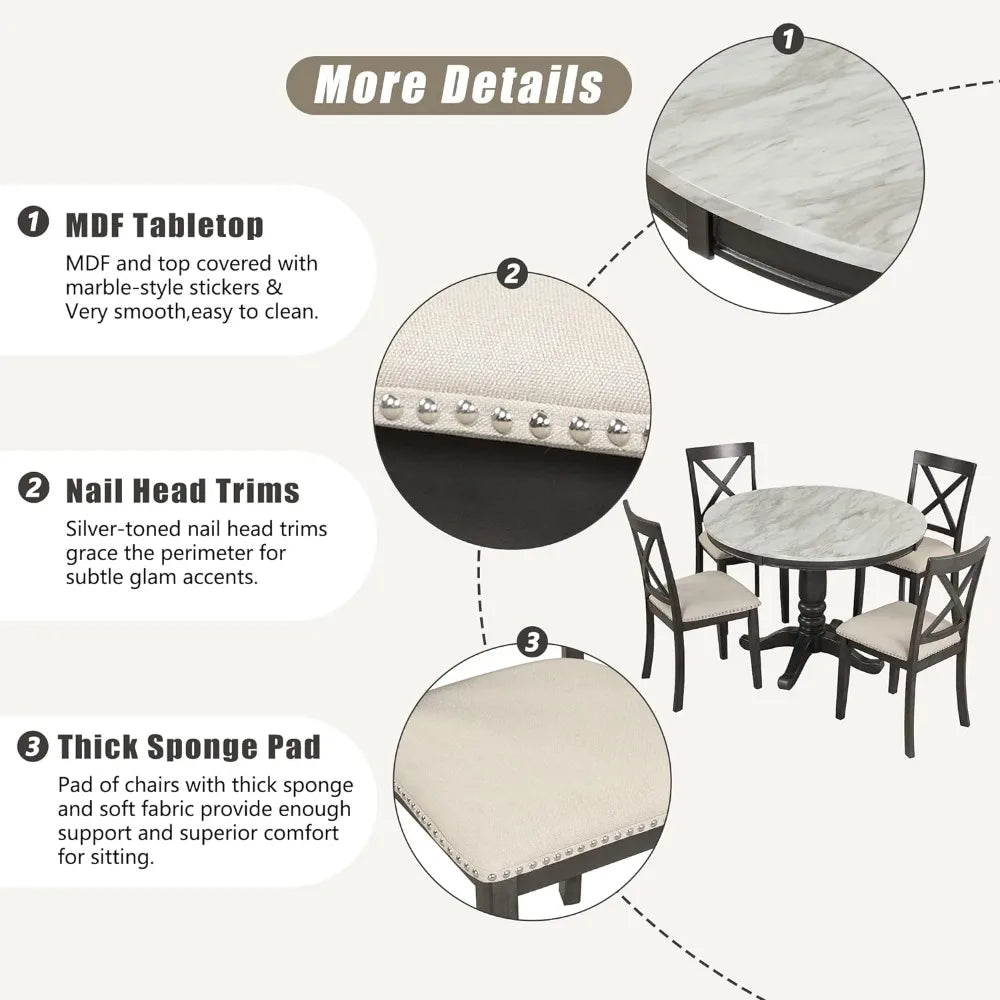 Faux Marble Round Dining Room Table Set with Chairs for Small Space,