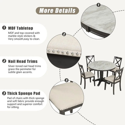 Faux Marble Round Dining Room Table Set with Chairs for Small Space,