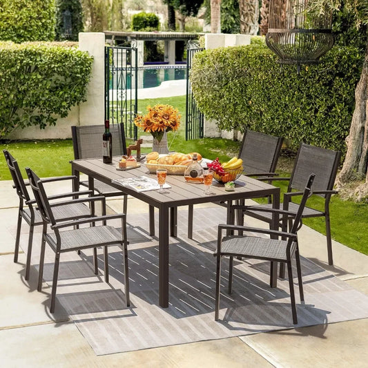 7 Pieces Patio Dining Set  with 6 Stackable Chairs and Large Table