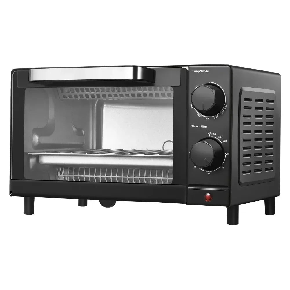 4 Slice Toaster Oven with 3 Setting Baking Rack and Pan Black