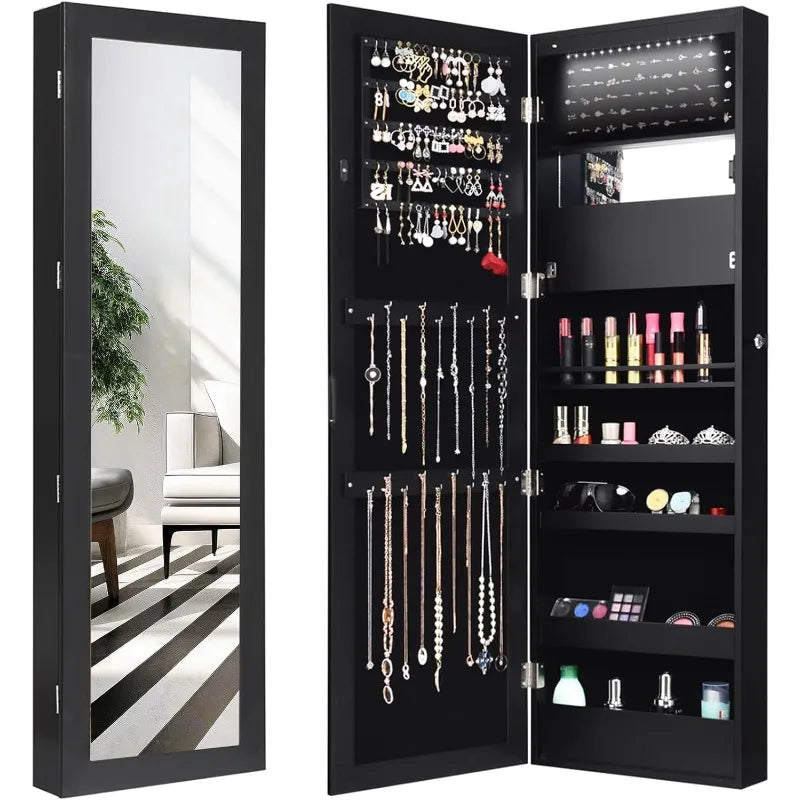 LED Jewelry Cabinet Wall Mounted , Lockable Jewelry Armoire with 47.2'' Full Length