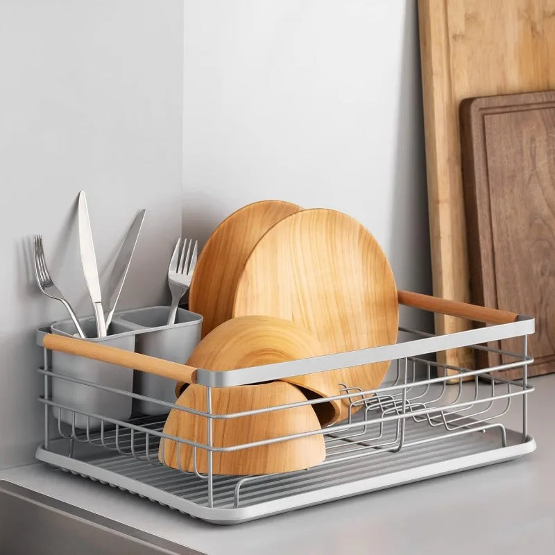 Dish Rack with Beechwood Handles - Metal Dish Drying Rack