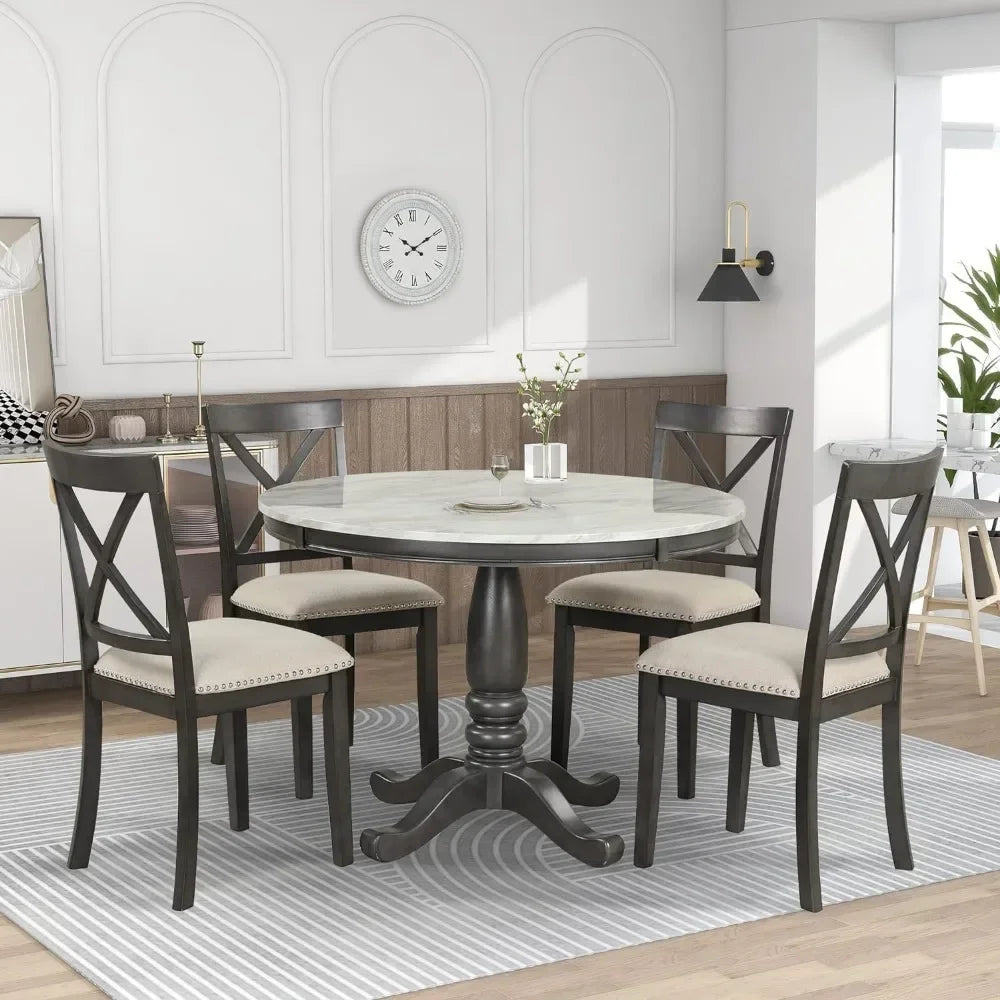 5-piece set of circular dining table and cushioned chair set, wooden dining table set,