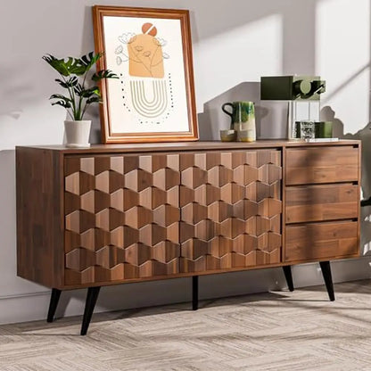 Solid Wood Sideboard Geometric Design 2 Doors 3 Drawers Adjustable Shelf Console Cabinet