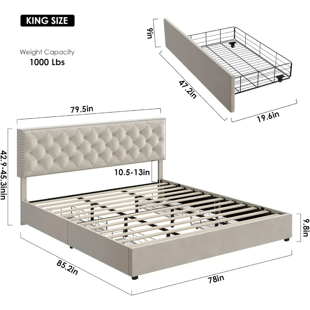 King Size Bed Frame with 4 Storage Drawers, Modern Upholstered with Wood Slat Support,