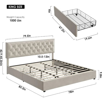 King Size Bed Frame with 4 Storage Drawers, Modern Upholstered with Wood Slat Support,