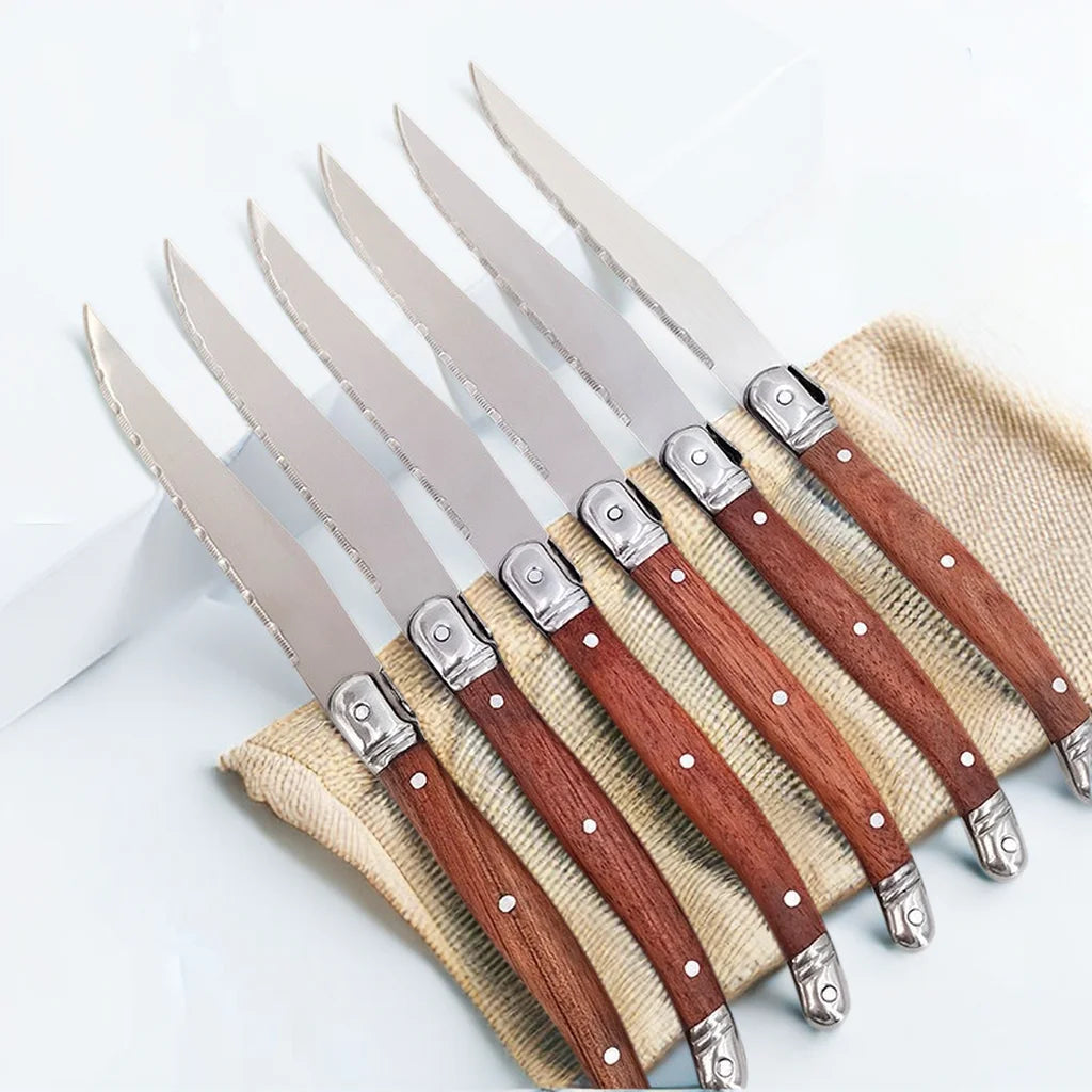 4/6/8 P Serrated Steak Knives Set Wood Handle Full Tang Steel