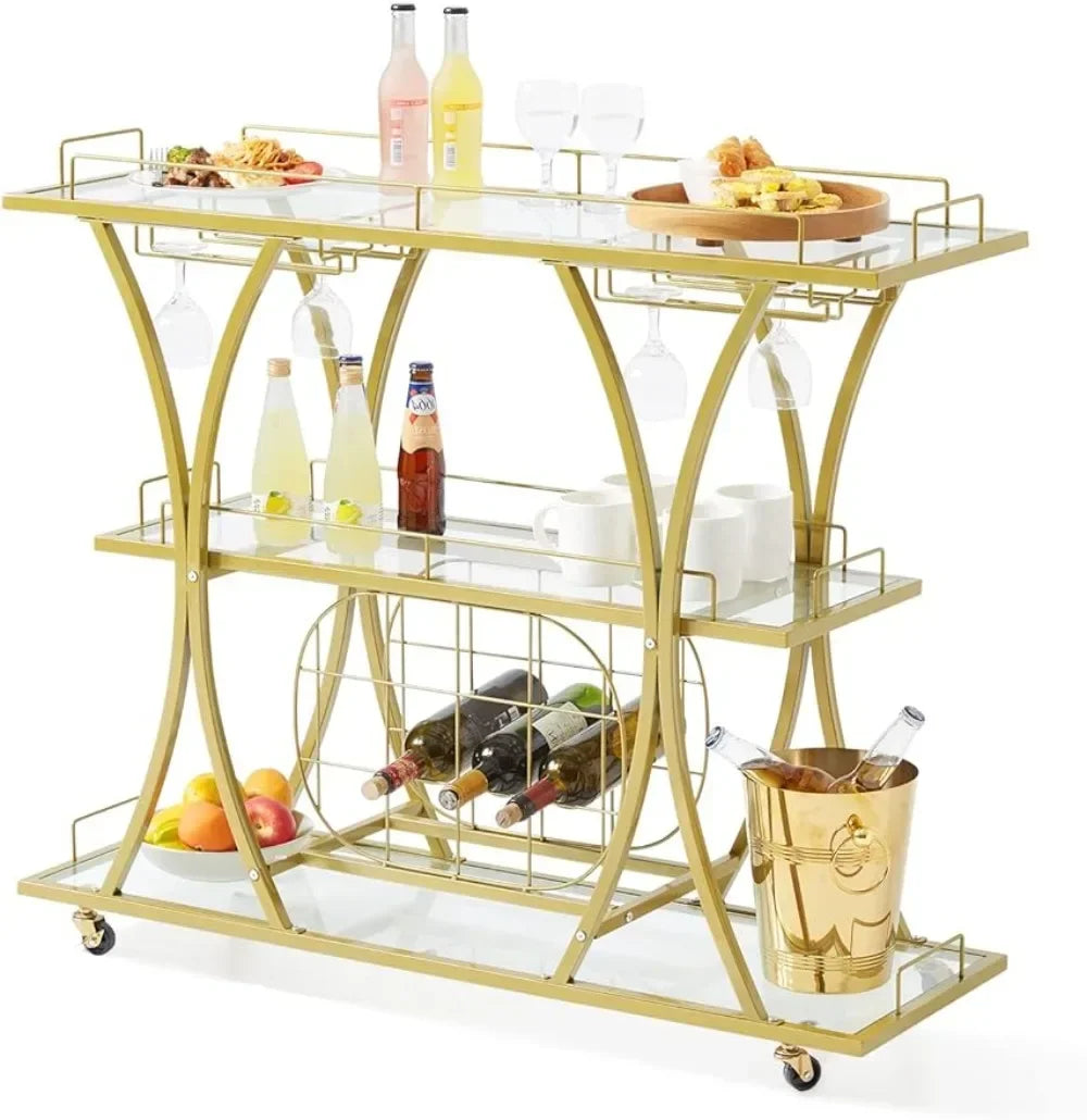 Bar Cart Gold, 3 Tiers Home Bar Serving Cart on Lockable Wheels,  with Tempered Glass Shelves Guardrail