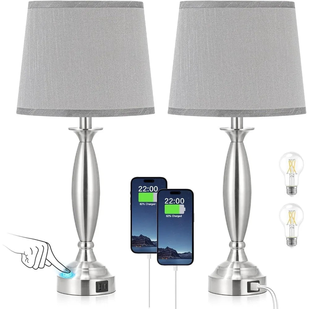 Bedrooms Touch Control Lamp with USB C+A, 3 Way Dimmable  with USB Port, Brushed Nickel