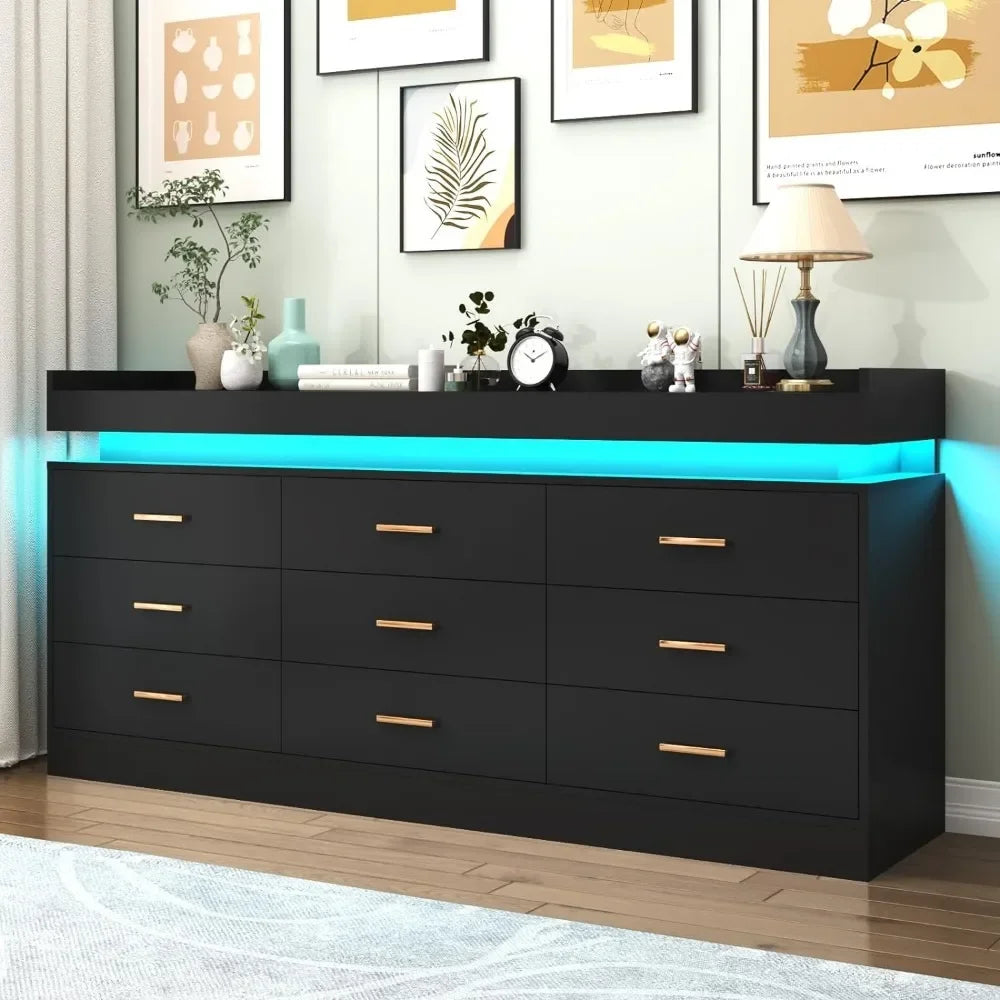 Modern Dresser 9 Drawer with LED Light and,Wide Drawer