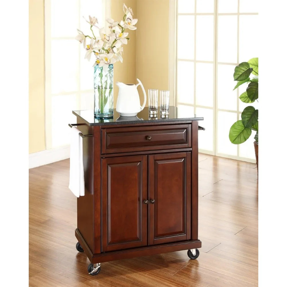 Compact Kitchen Island with Solid Black Granite Top, Mahogany