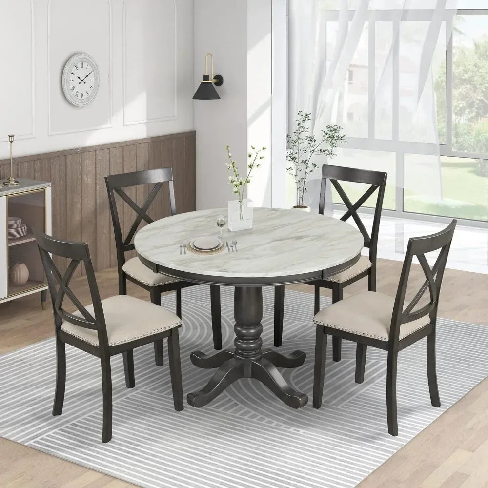 5-piece set of circular dining table and cushioned chair set, wooden dining table set,