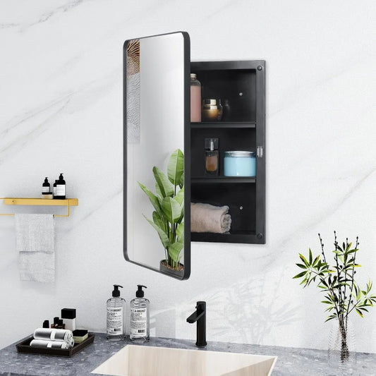 Plastic Black Medicine Cabinet, Beveled Edge Mirror Door  Recessed and Surface Mount