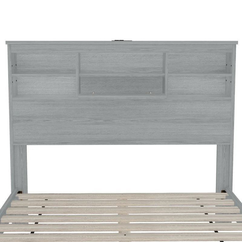 4-Pieces Bedroom Sets Queen Size Vintage Wooden Bed Frame,With 2 Nightstands and 1 Dresser,Light Gray.