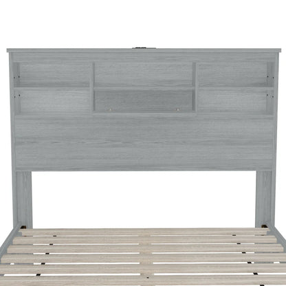 4-Pieces Bedroom Sets Queen Size Vintage Wooden Bed Frame,With 2 Nightstands and 1 Dresser,Light Gray.