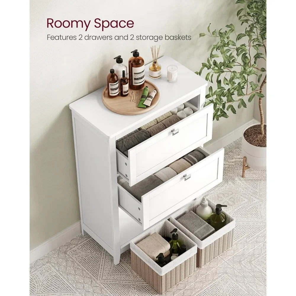 Storage Cabinet and Bathroom Organizers, 2 Drawers with 1 Adjustable Divider, 2 Baskets, Sideboard, 11.8 x 23.6 x 31.5 Inches.