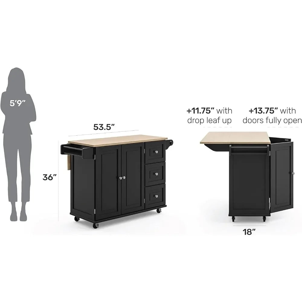 Kitchen Cart with Wood Top and Drop Leaf Breakfast Bar