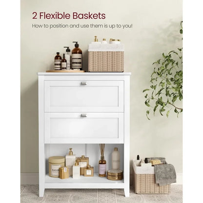 Storage Cabinet and Bathroom Organizers, 2 Drawers with 1 Adjustable Divider, 2 Baskets, Sideboard, 11.8 x 23.6 x 31.5 Inches.