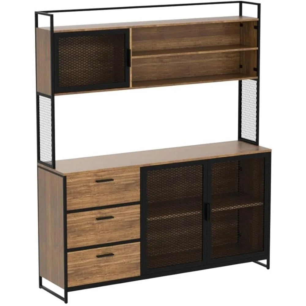 Cabinet with Hutch, 3 Metal Mesh Doors, 3 Drawers & Shelves