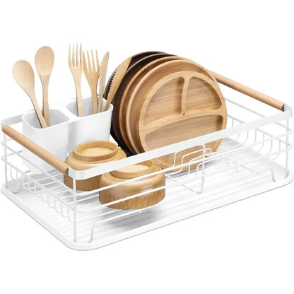 Dish Rack with Beechwood Handles - Metal Dish Drying Rack