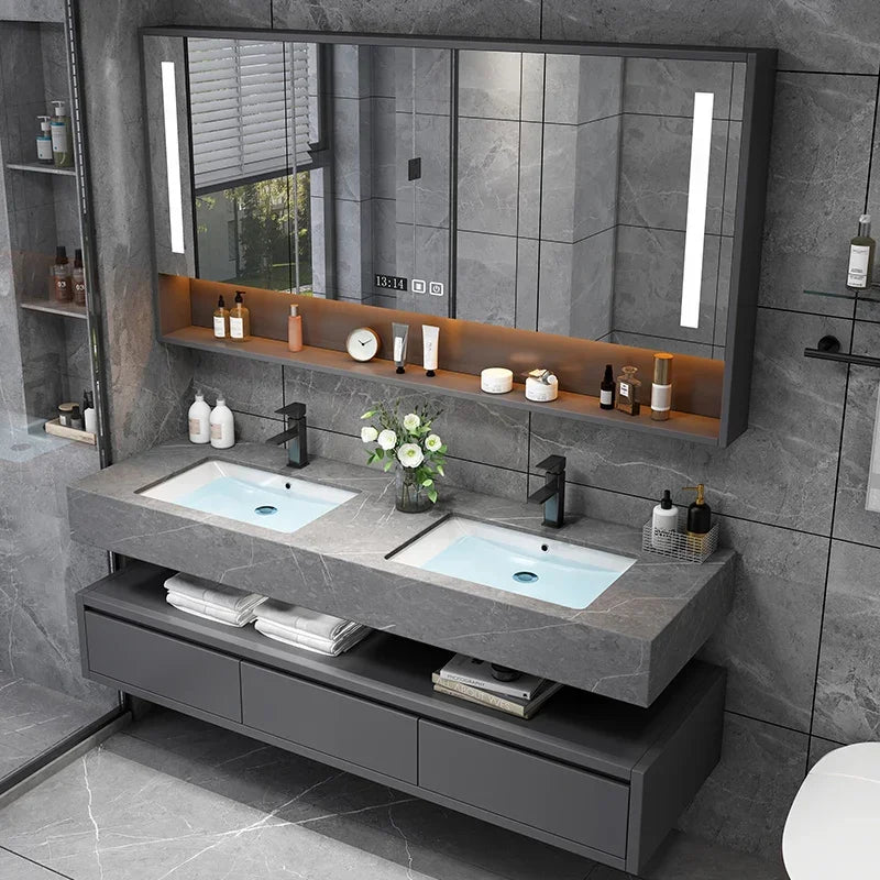 Light Luxury Rock Panel Intelligent Solid Wood Bathroom Cabinet Combo Double Basin