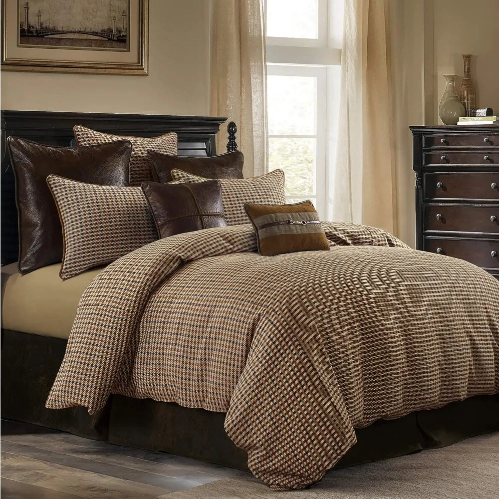 Bed Cover, 3 Piece Comforter Set with Pillow Shams, Brown Tweed Houndstooth