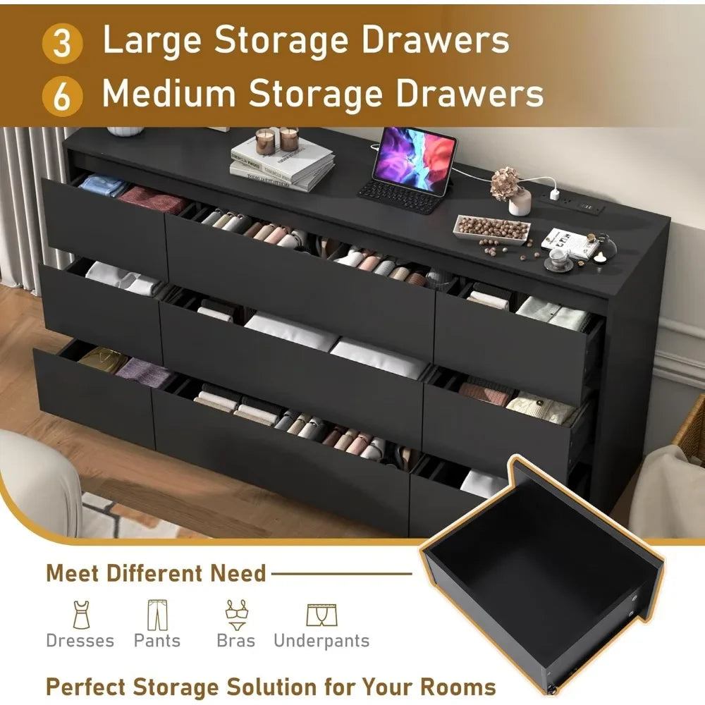 Black Dresser for Bedroom, 63 Inch Long 9 Drawers Dresser with Charging Station