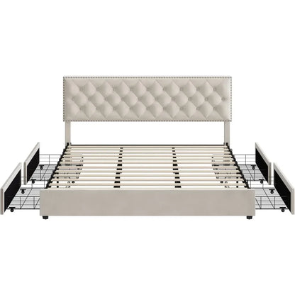 King Size Bed Frame with 4 Storage Drawers, Modern Upholstered with Wood Slat Support,