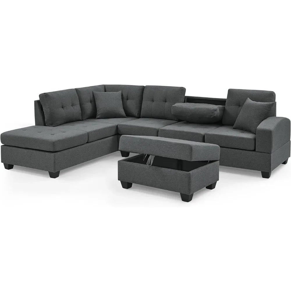 Living Room Sofa Set , L Shape Modular Storage Ottoman & Chaise, Comfy with Corner Sofa Cup Holder