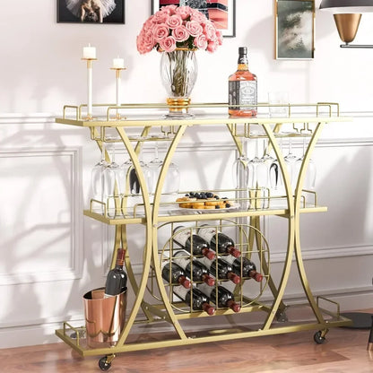 Bar Cart Gold, 3 Tiers Home Bar Serving Cart on Lockable Wheels,  with Tempered Glass Shelves Guardrail