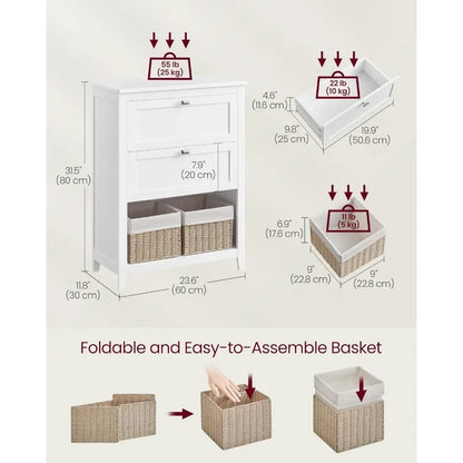 Storage Cabinet and Bathroom Organizers, 2 Drawers with 1 Adjustable Divider, 2 Baskets, Sideboard, 11.8 x 23.6 x 31.5 Inches.