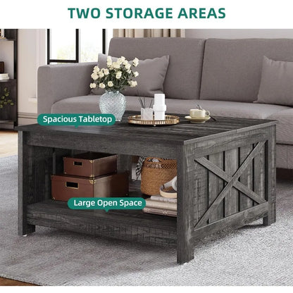 Farmhouse Coffee Table with Storage Rustic Wood Cocktail Table,