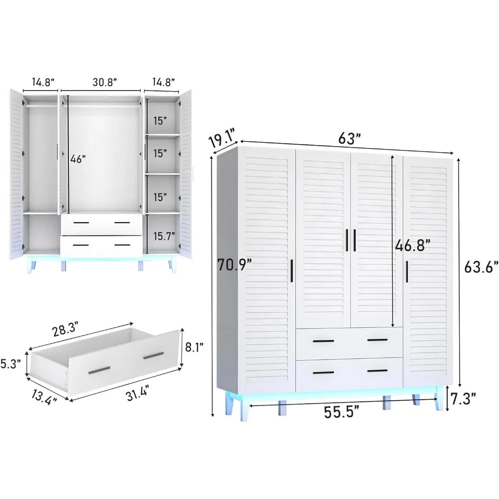 3 Door Armoire Wardrobe Closet Cabinet with Drawers and LED Lights,