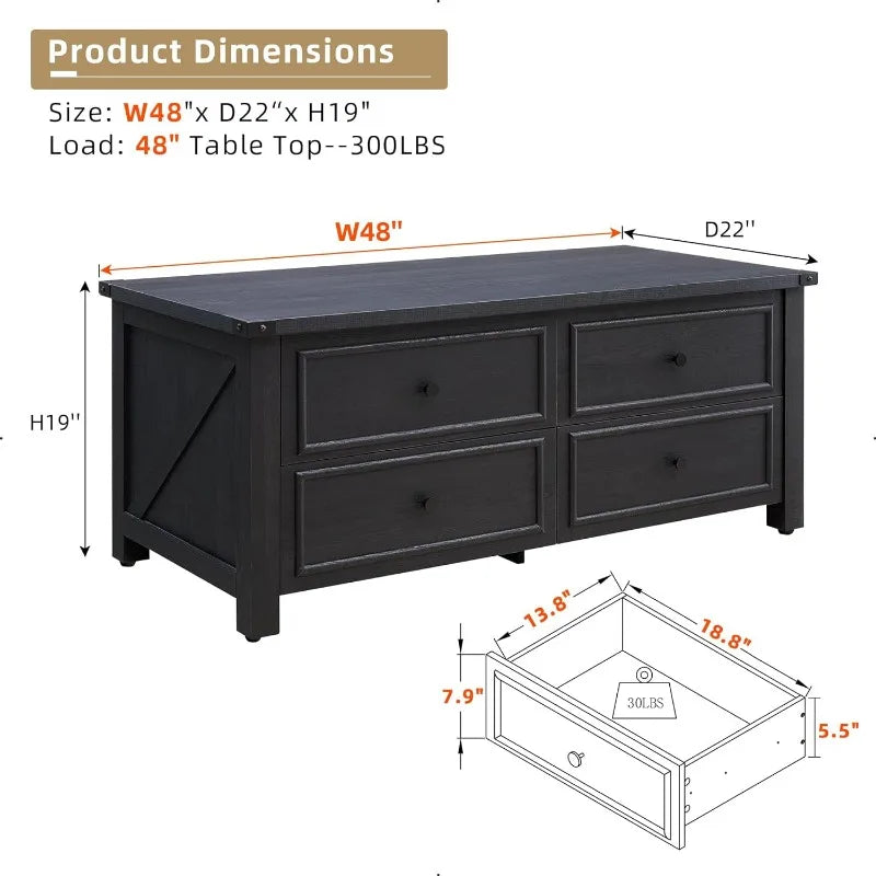 48” Farmhouse Coffee Table with 4 Large Storage Drawers