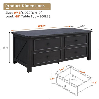 48” Farmhouse Coffee Table with 4 Large Storage Drawers